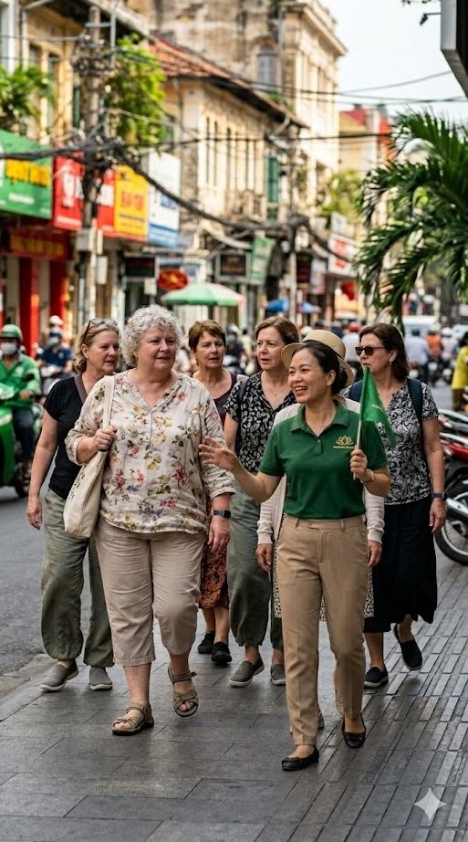 A group of women take a guided walking tour through Ho Chi Minh city
